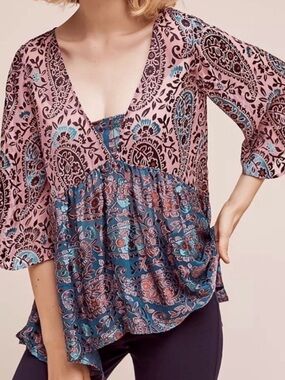 Floreat Pink & Blue Paisley V-Neck Boho Tunic side small petite